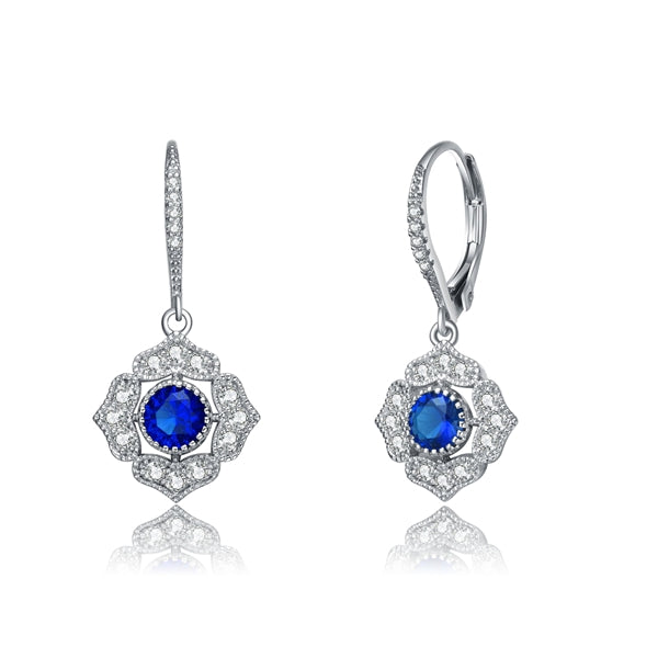 Diamond Essence leverback earrings, 0.5 carat each, round sapphire stone surrounded by melee. 1.5 cts. t.w. in Platinum Plated Sterling Silver.