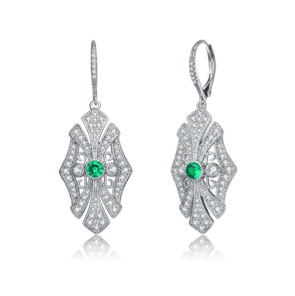Diamond Essence leverback earrings, round emerald stone surrounded by melee. 1.0 cts. t.w. in Platinum Plated Sterling Silver.
