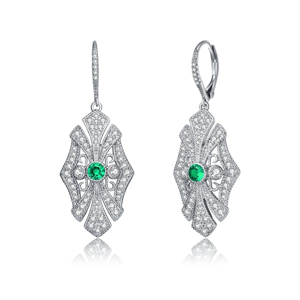 Diamond Essence leverback earrings, round emerald stone surrounded by melee. 1.0 cts. t.w. in Platinum Plated Sterling Silver.
