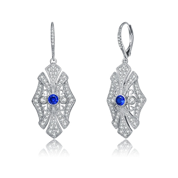 Diamond Essence leverback earrings, round sapphire stone surrounded by melee. 1.0 cts. t.w. in Platinum Plated Sterling Silver.