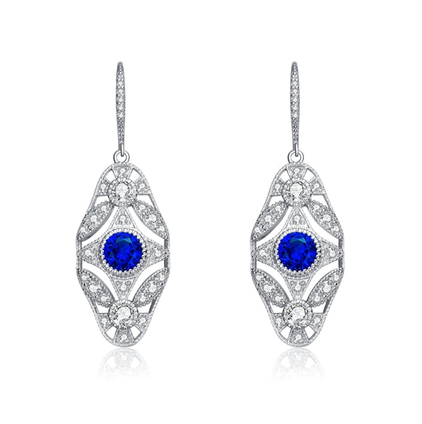 Diamond Essence leverback earrings, round sapphire stone surrounded by melee. 3.5 cts. t.w. in Platinum Plated Sterling Silver.