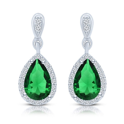 Beautiful drop earring, showing off 2.0 carat Emerald Essence Pear cut stone, each surrounded by Diamond Essence melee. 4.20 cts.t.w. set in Platinum Plated Sterling Silver.