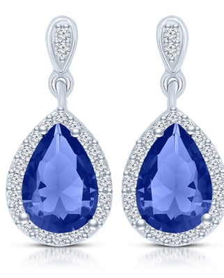 Beautiful drop earring, showing off 2.0 carat Sapphire Essence Pear cut stone, each surrounded by Diamond Essence melee. 4.20 cts.t.w. set in Platinum Plated Sterling Silver.