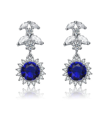 Diamond Essence Designer Drop Earrings With 1.25 Ct. Sapphire Essence Round Brilliant,Marquise Cut Stones And Melee, 5Cts.T.W. In Platinum Plated Sterling Silver.