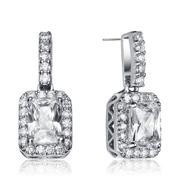 Prong Set Drop Earrings with Simulated Emerald Cut Center surrounded by Round Brilliant Melee Diamonds by Diamond Essence set in Sterling Silver