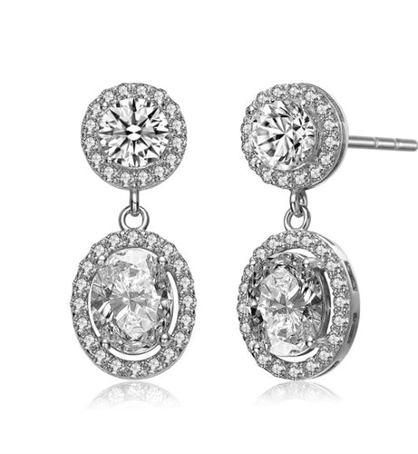 Prong Set Designer Earrings with Simulated Round & Oval Stones surrounded by Melee Diamond by Diamond Essence set in Sterling Silver