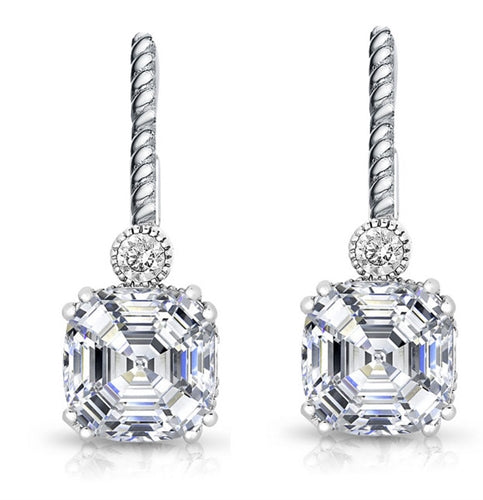 Diamond Essence Drop Earrings With Asscher Cut Stone,7 Cts.T.W. in Platinum Plated Sterling Silver.