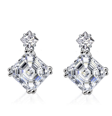 Diamond Essence Drop Earrings With Asscher Stone And Princess Stone in Platinum Plated Sterling Silver.