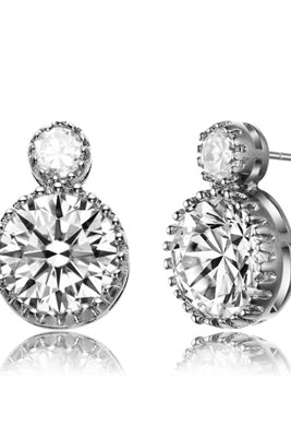Diamond Essence Earrings With 0.5 Ct. And 5 Cts. Round Brilliant Stone Set in Crown Setting, 11 Cts.T.W. In Platinum Plated Sterling Silver.
​​Approx Size Of Earrings Is 14mm Length And 9 mm Width.