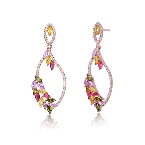 Designer Earring with Multi color Marquise Stones- Ruby, Peridot, Pink, Yellow Sapphire, 0.20 Ct. each, set artistically in Rose Plated Sterling Silver, 7.0 Cts.t.w.