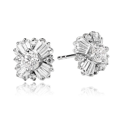 Magnificent star bright Earrings with Round Brilliant Diamond Essence and Baguettes Masterpieces,1.25 Cts.T.W. in Platinum Plated Sterling Silver.