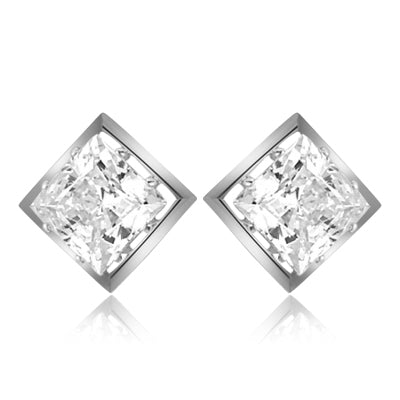 Classic square studs of Diamond Essence princess cut stones, 2.0 ct. each set in Platinum Plated Sterling Silver, 4.0 cts.t.w.