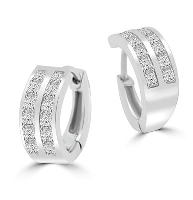 Platinum Plated Sterling Silver Huggies With Two Row Of Channel Set Princess Cut Diamond Essence Stone, 1.40 Cts.T.W.