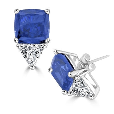 Platinum Plated Sterling SIlver Stud earring in cushion cut sapphire essence stone.