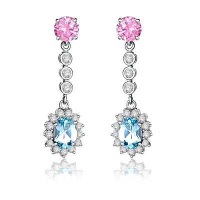 A beautiful designer dangling. 1.5 ct. oval Blue Topaz essence surrounded by round brilliant melee, and 1 ct. round Pink Essence are connected by bezel set round stones. 6 cts.t.w. in Platinum Plated Sterling Silver.