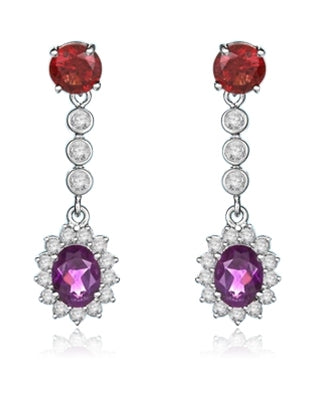 Bezel Set Designer Earrings with Oval Cut Amethyst with Round Cut Garnet and Brilliant Melee Diamonds by Diamond Essence set in Sterling Silver