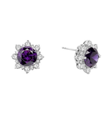 Designer Earrings with Round Amethyst Essence in center Surrounded by Round Brilliant Diamond Essence and Melee. 9.0 Cts. T.W. set in Platinum Plated Sterling Silver.