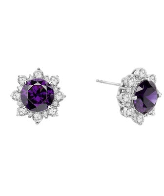Designer Earrings with Round Amethyst Essence in center Surrounded by Round Brilliant Diamond Essence and Melee. 9.0 Cts. T.W. set in Platinum Plated Sterling Silver.
