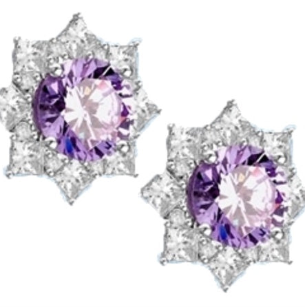 Floral Earrings with 3.5 Cts. Round Lavender Essence in center surrounded by Princess cut Diamond Essence and Melee. 6.5 Cts. T.W. set in Platinum Plated Sterling Silver.