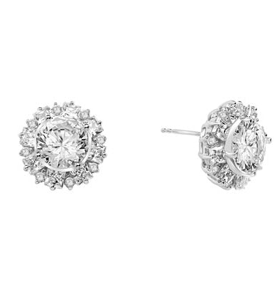 Designer Earrings With Round Brilliant Diamond essence in center surrounded by alternately set Princess and melee. 14.5 Cts T.W. set in Platinum Plated Sterling Silver.