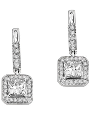 Designer Hoop Earrings with Princess Diamond Essence centerpiece, surrounded by Round Brilliant Melee. 2.25 Cts. T.W. set in Platinum Plated sterling Silver.
