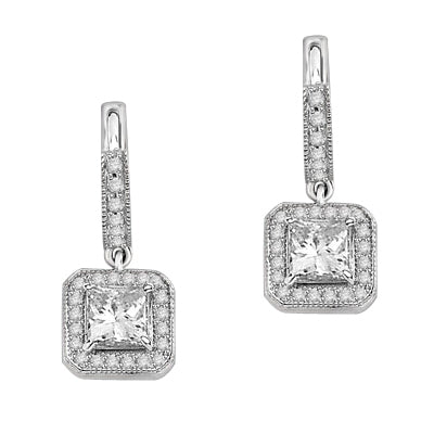 Designer Hoop Earrings with Princess Diamond Essence centerpiece, surrounded by Round Brilliant Melee. 2.25 Cts. T.W. set in Platinum Plated sterling Silver.