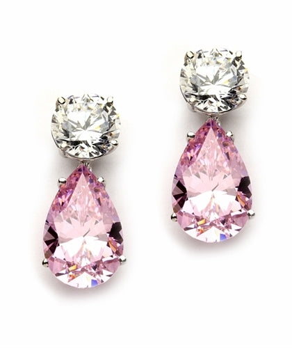 Best Selling Tear Drop Diamond Essence Earrings - White Brilliant Round Stone is 2 Ct and Pink Essence Pear Stone is 5 Ct. A Brilliant Sparkle of 14 Cts. T.W. for the pair of earrings! In Platinum Plated Sterling Silver.