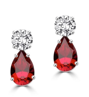 Best Selling Tear Drop Diamond Essence Earrings - White Brilliant Round Stone is 2 Ct and Ruby Essence Pear Stone is 5 Ct. A Brilliant Sparkle of 14 Cts. T.W. for the pair of earrings! In Platinum Plated Sterling Silver.