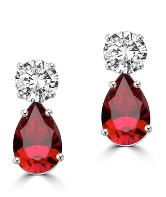 Best Selling Tear Drop Diamond Essence Earrings - White Brilliant Round Stone is 2 Ct and Ruby Essence Pear Stone is 5 Ct. A Brilliant Sparkle of 14 Cts. T.W. for the pair of earrings! In Platinum Plated Sterling Silver.