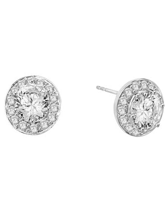 Mini marvelous pair of six-prong set designer earrings with 2.25 Cts. each simulated oval cut center Diamond with round brilliant melee by Diamond Essence set in platinum plated sterling silver. 5.50 Cts.t.w