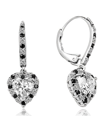 Diamond Essence leverback earrings, 1.0 Ct. each, Heart shape Diamond Essence surrounded by alternately set Onyx and Diamond Essence Melee, which flows on leverback also for additional sparkle. 4.0 Cts. T.W. set in Platinum Plated Sterling Silver.