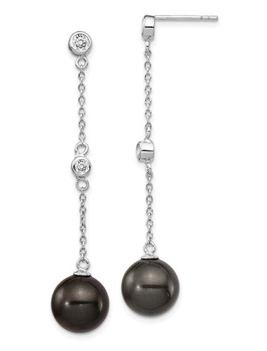 Diamond Essence Designer Earring with round brilliant melee and 10-11 mm black Pearl. Perfect for all occasions, 0.4 Cts. T.W. in Platinum Plated Sterling Silver.