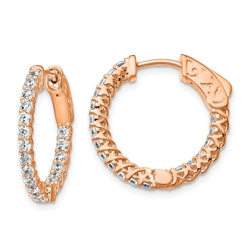 Beautiful In and Out Hoop Earrings featuring Diamond Essence Round brilliant stones in prong setting with safety lock on each.
