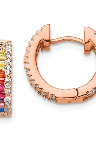 Diamond Essence Multi Color Baguette Hoop Earring, with Baguettes and Melee in prong setting of Rose Plated Sterling Silver. 5.0 Cts.T.W.
Length 14 mm.