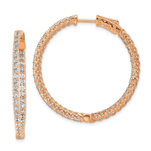 In And Out Rose Plated Silver Hoops With Diamond Essence Round Brilliant Stones