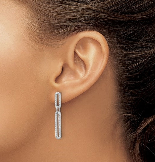 Silver paper clip round diamonds earrings