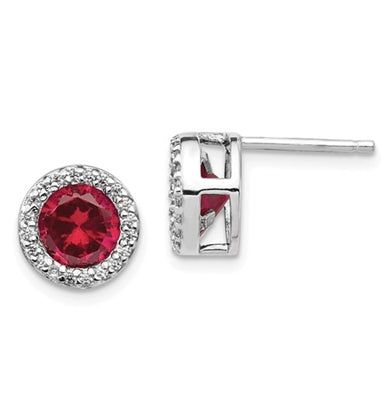 Diamond Essence Stud Earrings With Ruby Essence Round Brilliant Stone Escorted By Brilliant Melee In Platinum Plated Sterling Silver.