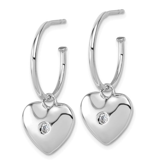 Pave Set Heart Post C-Hoop Earrings with Diamond Essence Melee in Platium Plated Sterling Silver