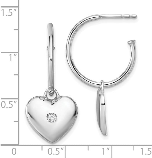 Pave Set Heart Post C-Hoop Earrings with Diamond Essence Melee in Platium Plated Sterling Silver