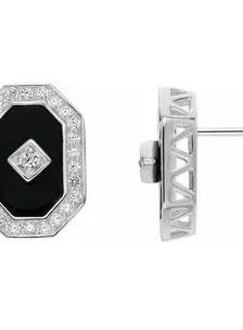 An extraordinary designer stud earrings with artificial onyx diamond and round brilliant diamond by Diamond Essence set in platinum plated sterling silver 7 Cts.t.w.