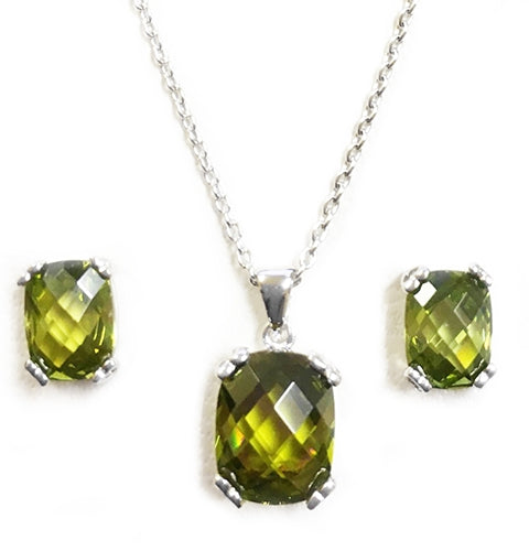 Diamond Essence Earring And Pendant Set With French Cut Dark Peridot Essence Stones In Platinum Plated Sterling Silver.