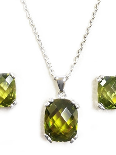 Diamond Essence Earring And Pendant Set With French Cut Dark Peridot Essence Stones In Platinum Plated Sterling Silver.