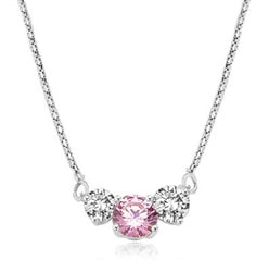 Pink Essence stone accompanied by Diamond Essence stones on each side to make delicate but stunning looking necklace,Platinum Plated Sterling Silver. 4.0 cts. T.W. on 16 inch Silver Chain.
