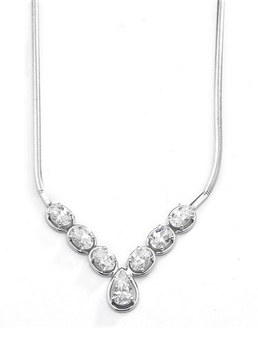 Classic combination of Diamond Essence Oval cut and Pear cut stones set in Platinum Plated Sterling Silver. Necklace suitable for any occasion.