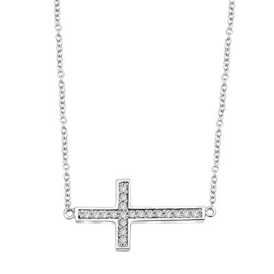 East-West Cross Necklace with 16" long attached chain and 0.25 ct.t.w. Diamond Essence Melee, in Platinum Plated Sterling Silver.