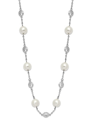 A stunning bezel-set necklace for women with 12 simulated pearls and 11 artificial round brilliant Diamonds by Diamond Essence set in platinum plated sterling silver. 2.75 Cts.t.w. 7.86 mm width