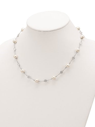 A stunning bezel-set necklace for women with 12 simulated pearls and 11 artificial round brilliant Diamonds by Diamond Essence set in platinum plated sterling silver. 2.75 Cts.t.w. 7.86 mm width
