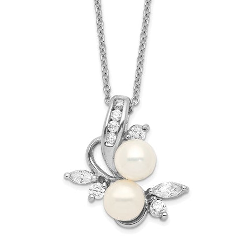 Diamond Essence Round Brilliant Melee, marquise stones and Pearl Pendant, 1.20 Ct.T.W. in Platinum Plated Sterling Silver. Chain Included.