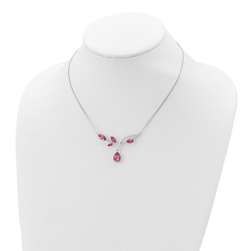 Beautifully crafted Platinum Plated Sterling Silver Necklace with artificial pink marquise and round brilliant stones by Diamond Essence, 2.0 cts.t.w. Wear this beautiful piece for any occasion or night out and add a classic glory to your beauty.