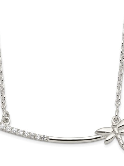 Platinum Plated Sterling Silver Dragonfly Bar Necklace with Round Brilliant Diamond Essence stones, 0.25 cts.t.w.